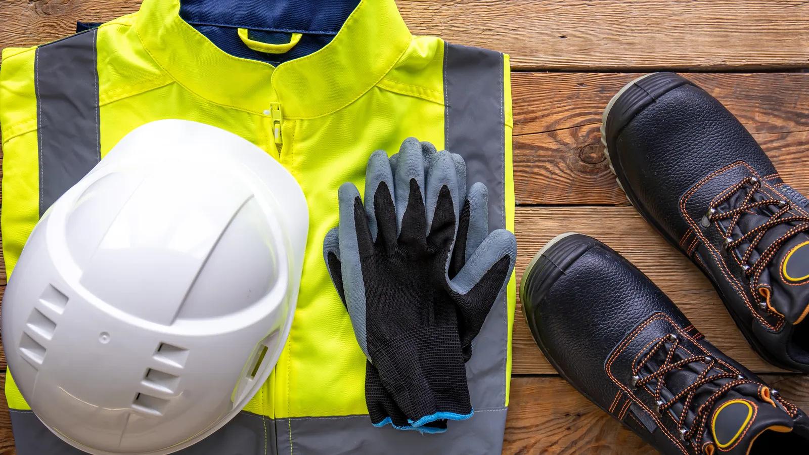Casco, chaleco reflectante, guantes y botas de seguridad sobre una mesa de madera