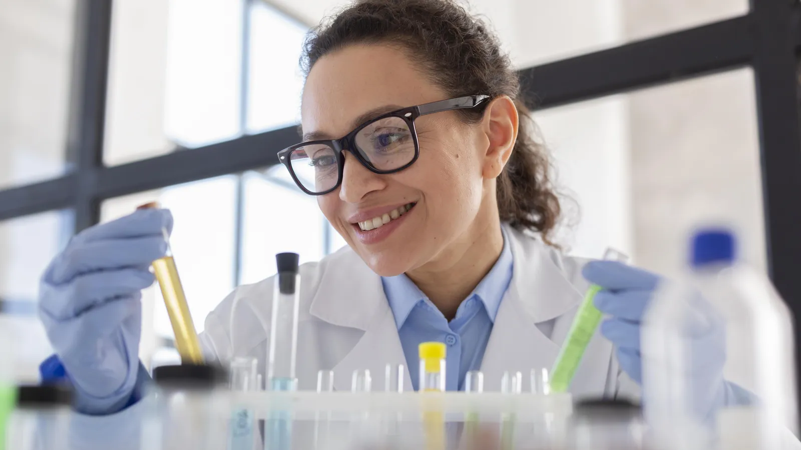 Perito químico sonriente analizando muestras en tubos de ensayo en un laboratorio luminoso